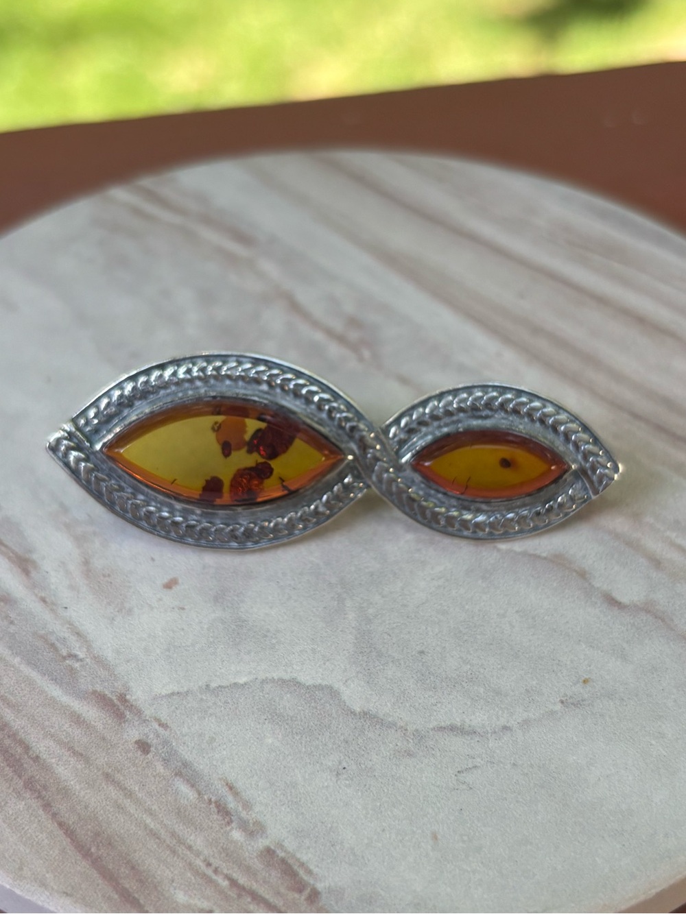 Vintage 925 Sterling Silver Baltic Amber Brooch Pin Marquise Two Stone 6.17g 2” - Picture 2 of 8